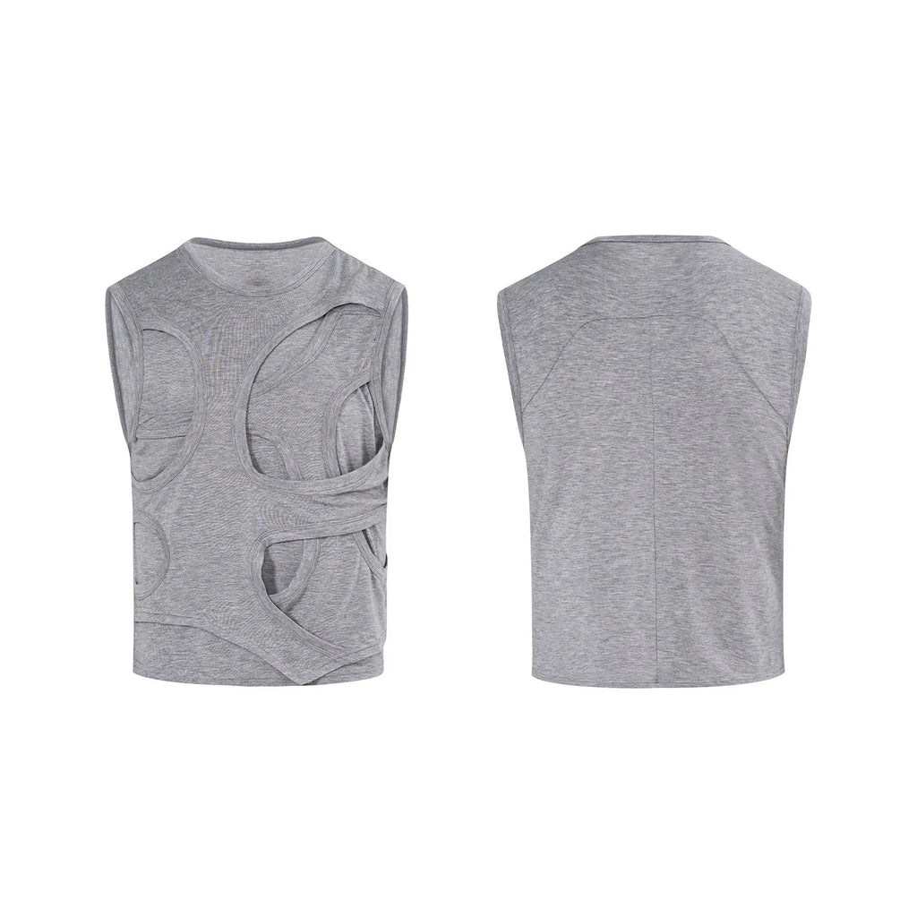 Men's solid colour lyocell vest with round neck collar on a grey background.
