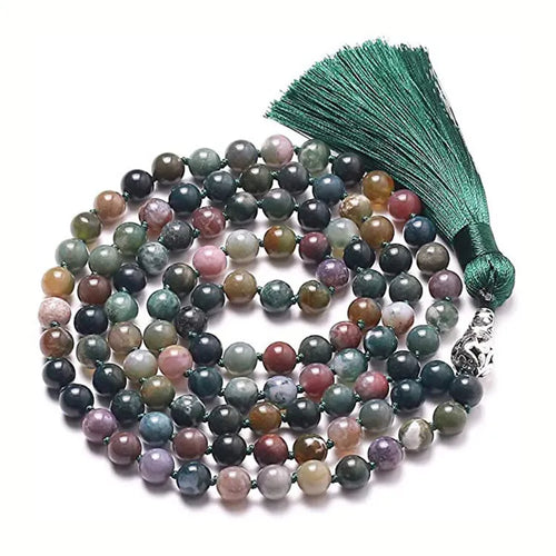 Long multicoloured agate and gemstone tassel necklace with geometric beads.