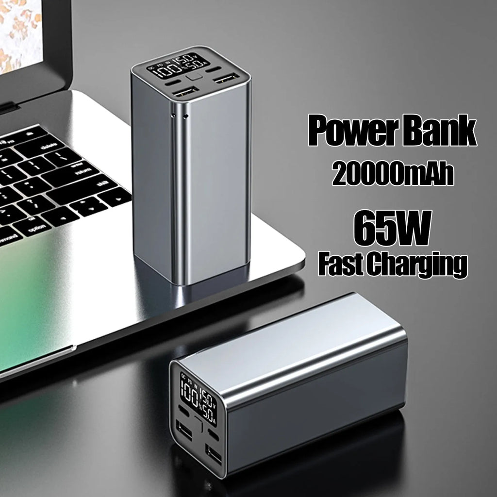 High-power 65W 20000mAh metal laptop charging bank in black, blue, or grey.