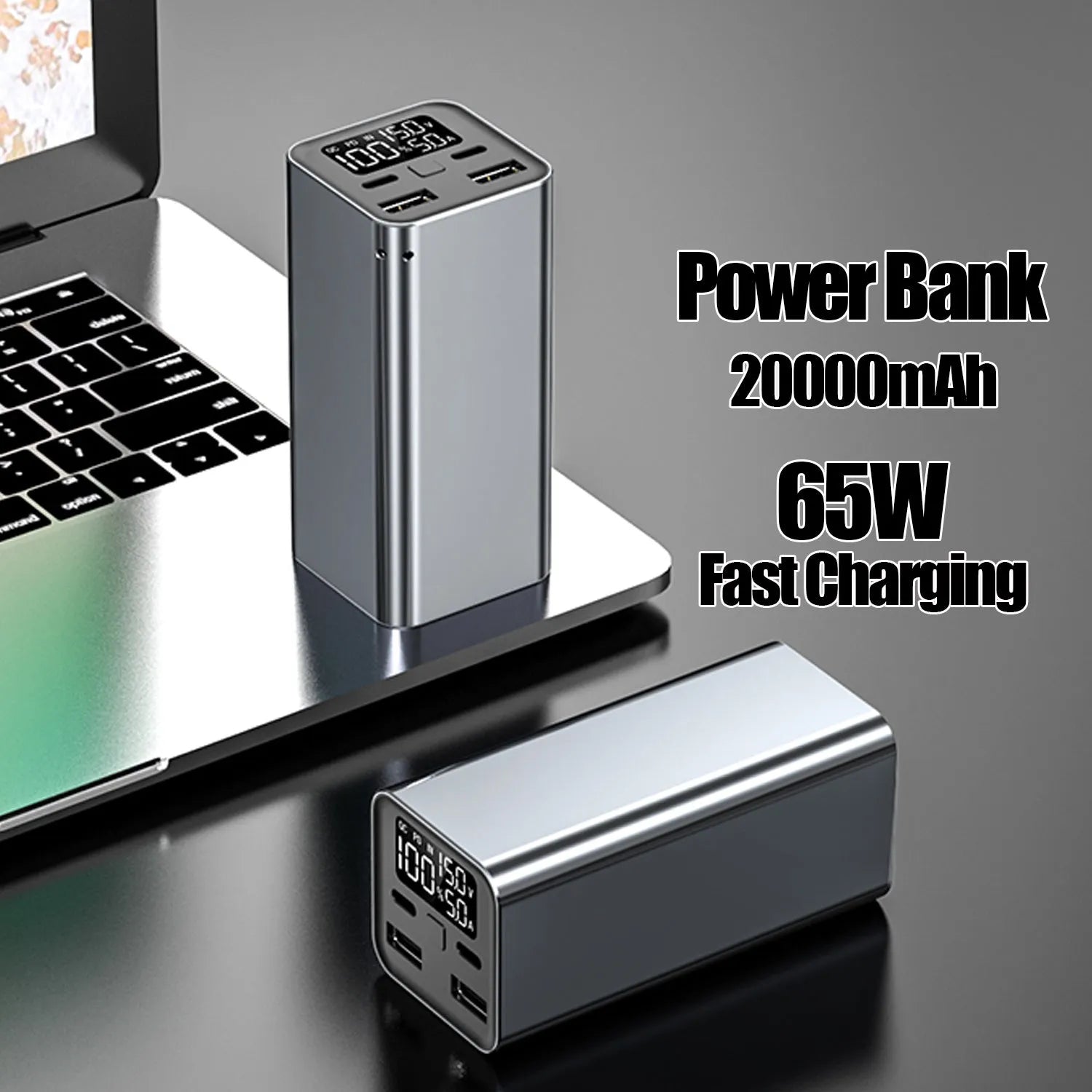 High-power 65W 20000mAh metal laptop charging bank in black, blue, or grey.