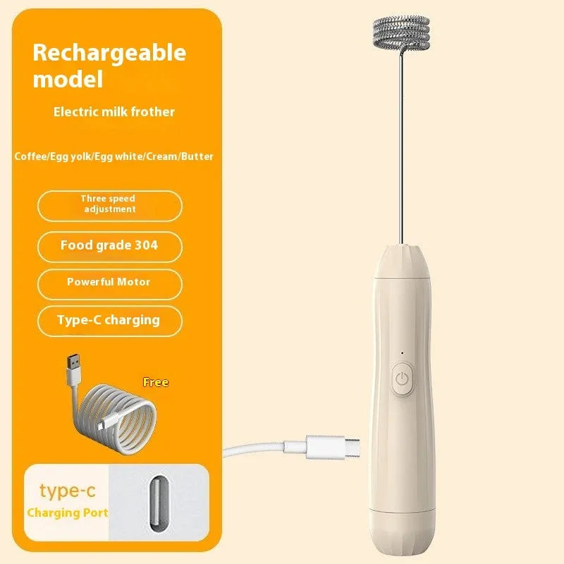 Mini handheld USB rechargeable milk frother in black, white, and khaki colour options