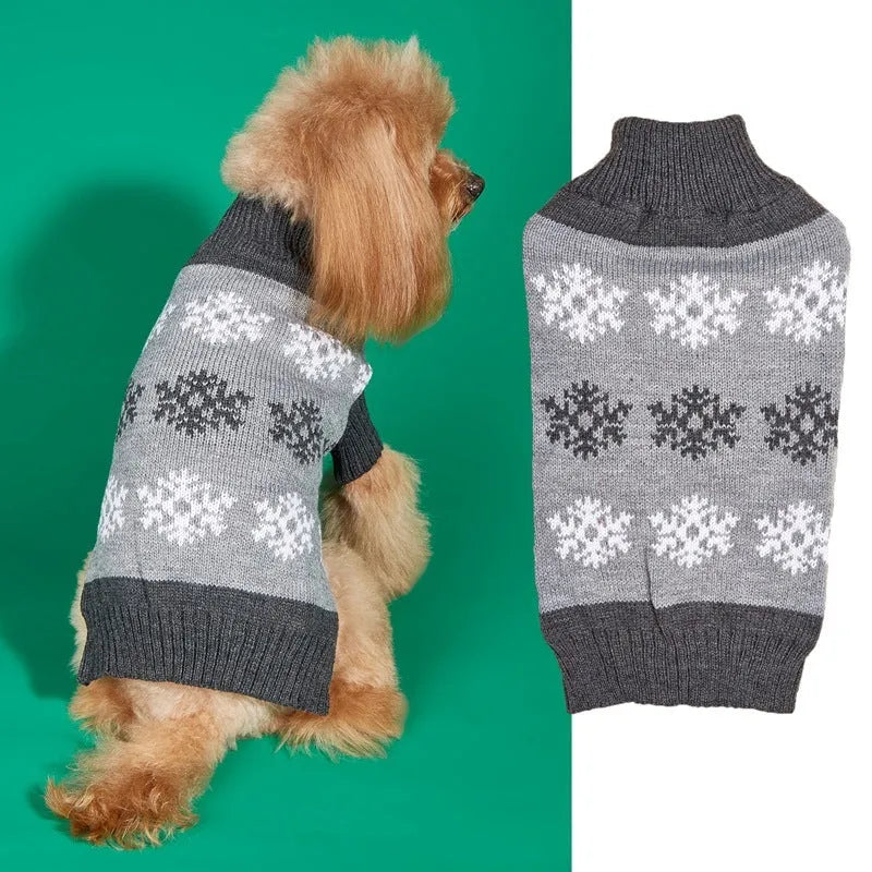 Grey and brown snowflake patterned acrylic knit dog sweater for Christmas and winter wear.