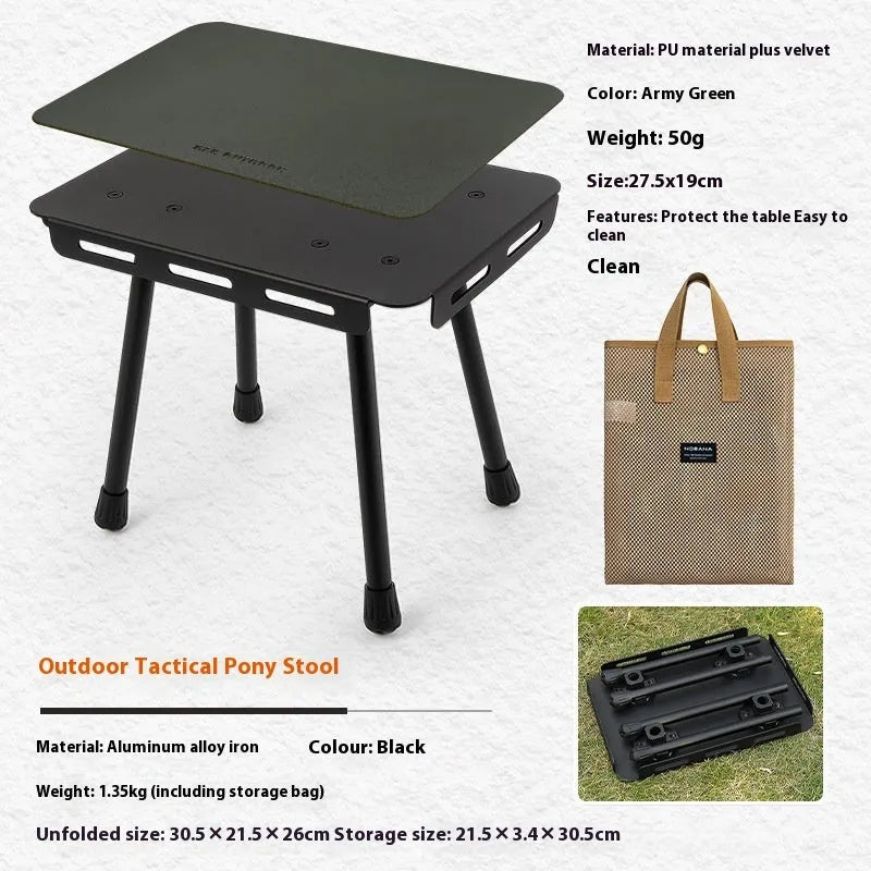CLS Outdoor aluminium folding camping stool with PU cushion next to its bag that converts into a small table.