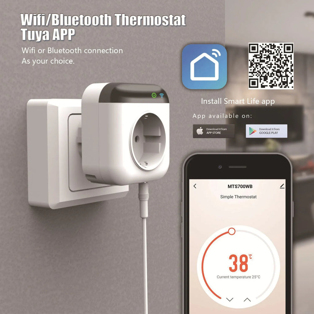 White Tuya temperature control switch socket with three US outlets and external temperature probe