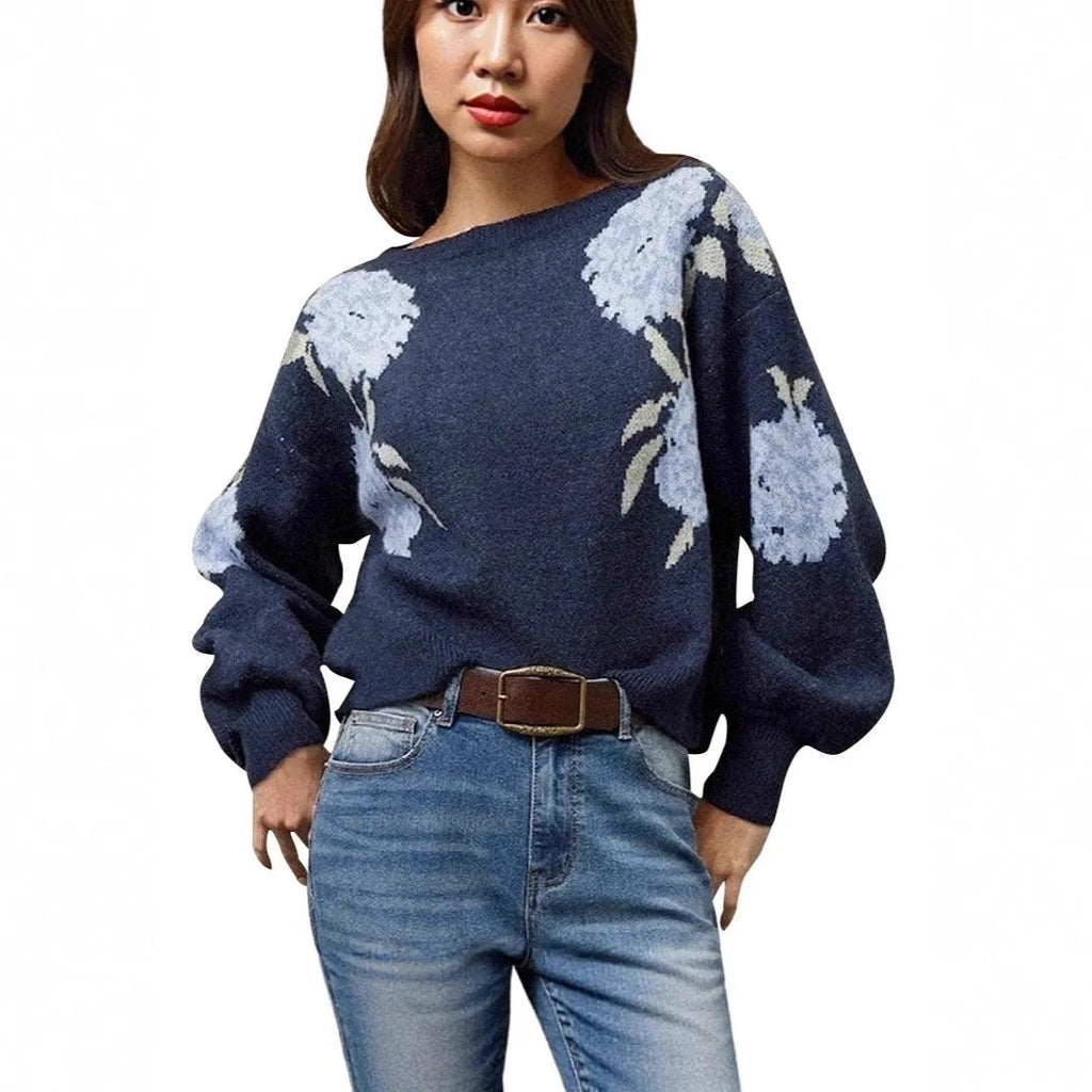 Sapphire blue women's pullover with floral jacquard pattern, loose street fashion fit