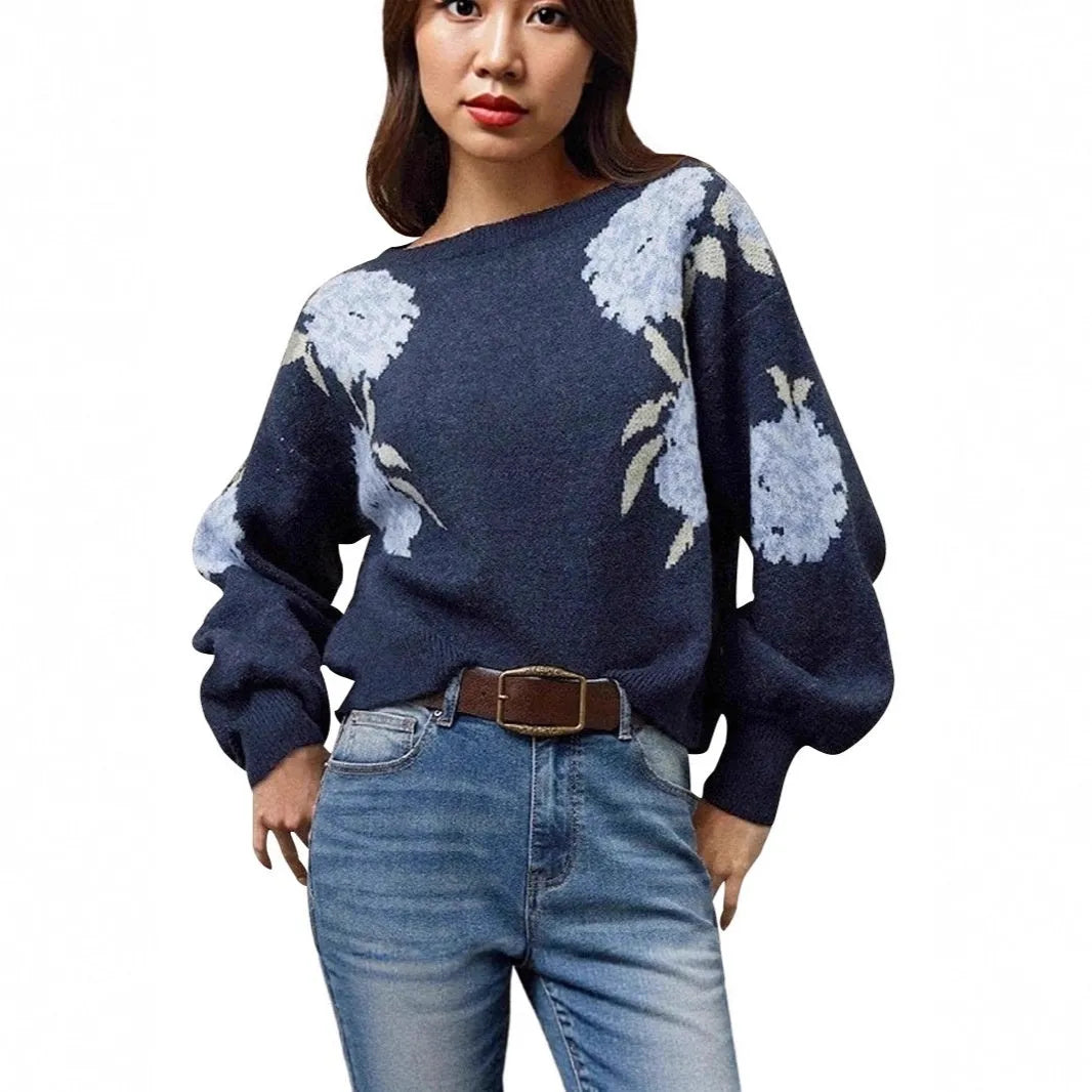 Sapphire blue women's pullover with floral jacquard pattern, loose street fashion fit