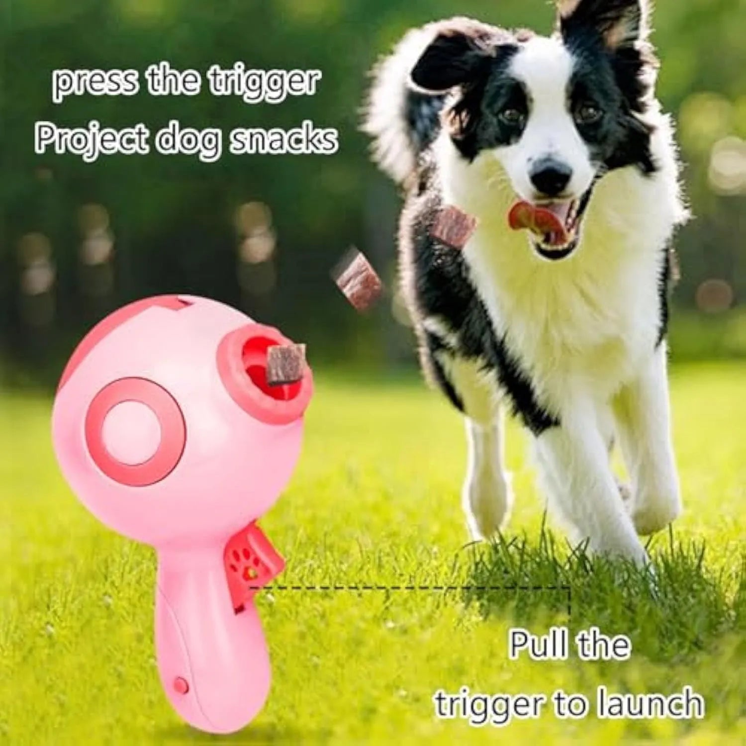 Green, orange or pink dog treat launcher toy measuring 15.5 x 9 x 8.5 cm for interactive play