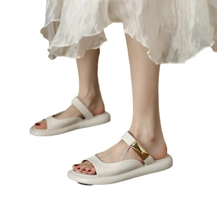 Women's apricot leather peep toe platform sandals with rubber sole