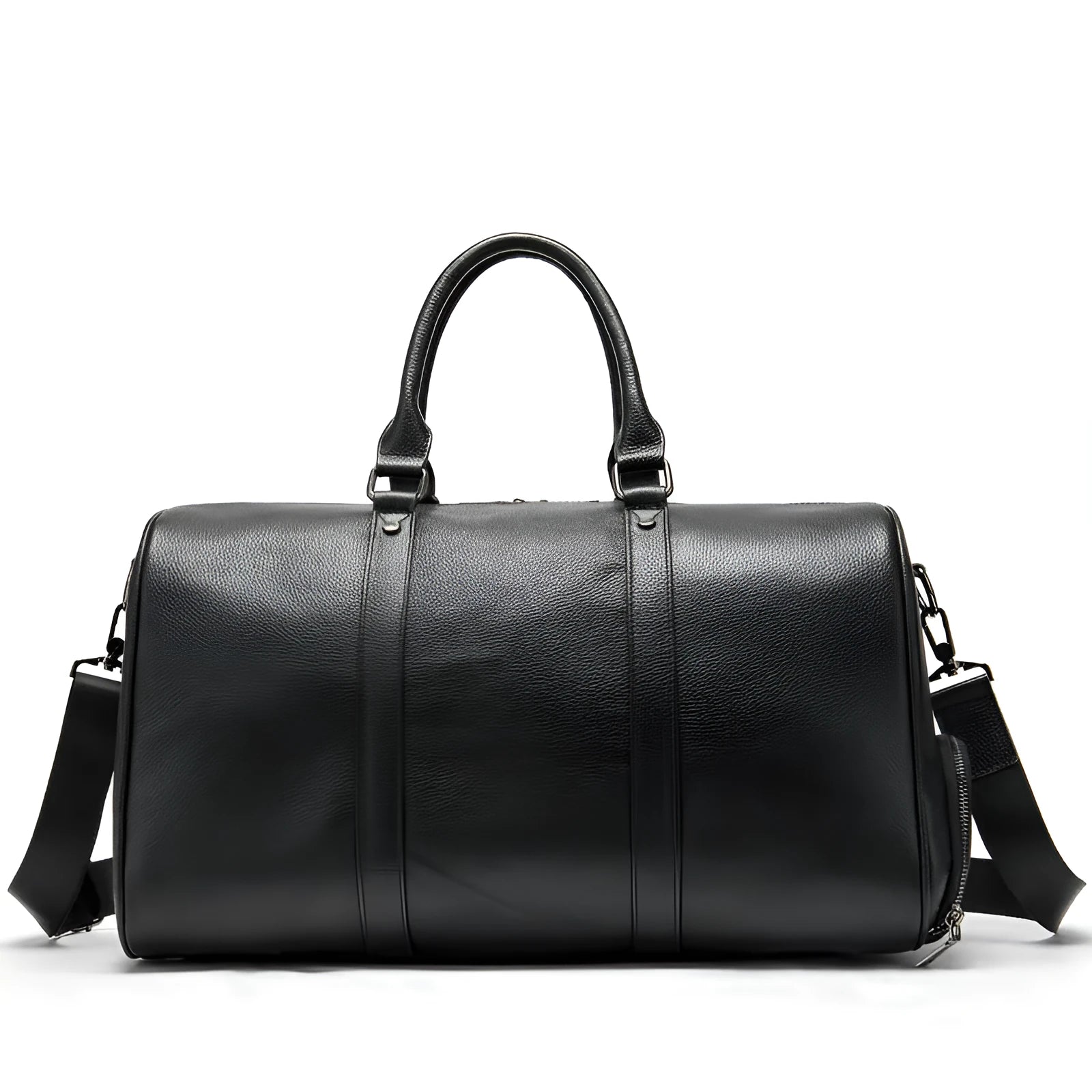 Men's black leather excursion tote bag with single strap showing 55cm large capacity dimensions