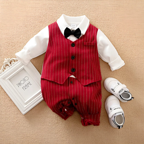 Wine red cotton baby boy romper with long sleeves and single-breasted closure for autumn wear