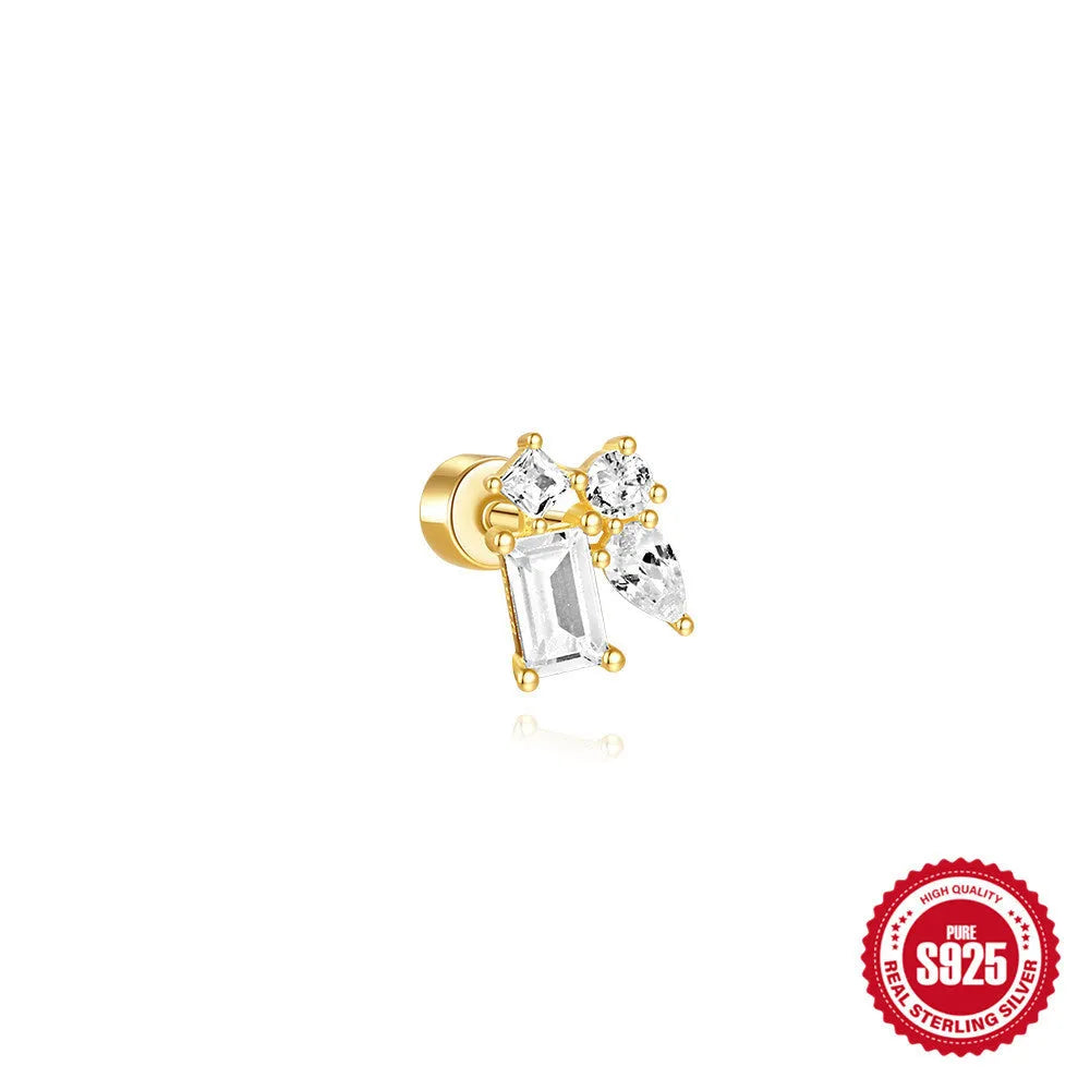 S925 sterling silver flat column geometric ear bone studs with thread detail in a gold colour finish