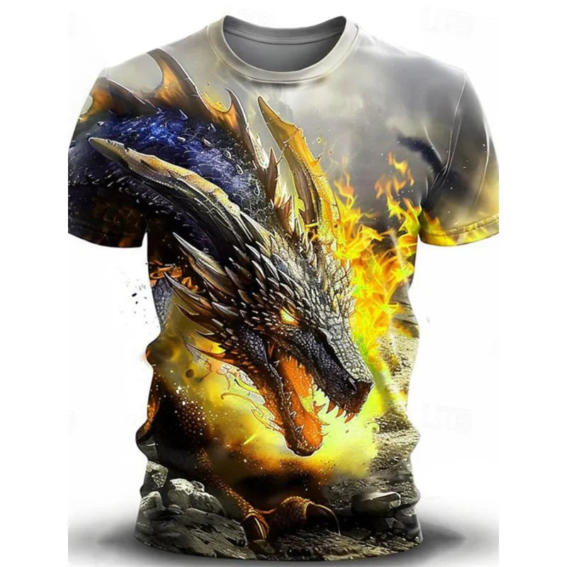 Men's grey T-shirt with detailed 3D wind dragon graphic print on front, short sleeves