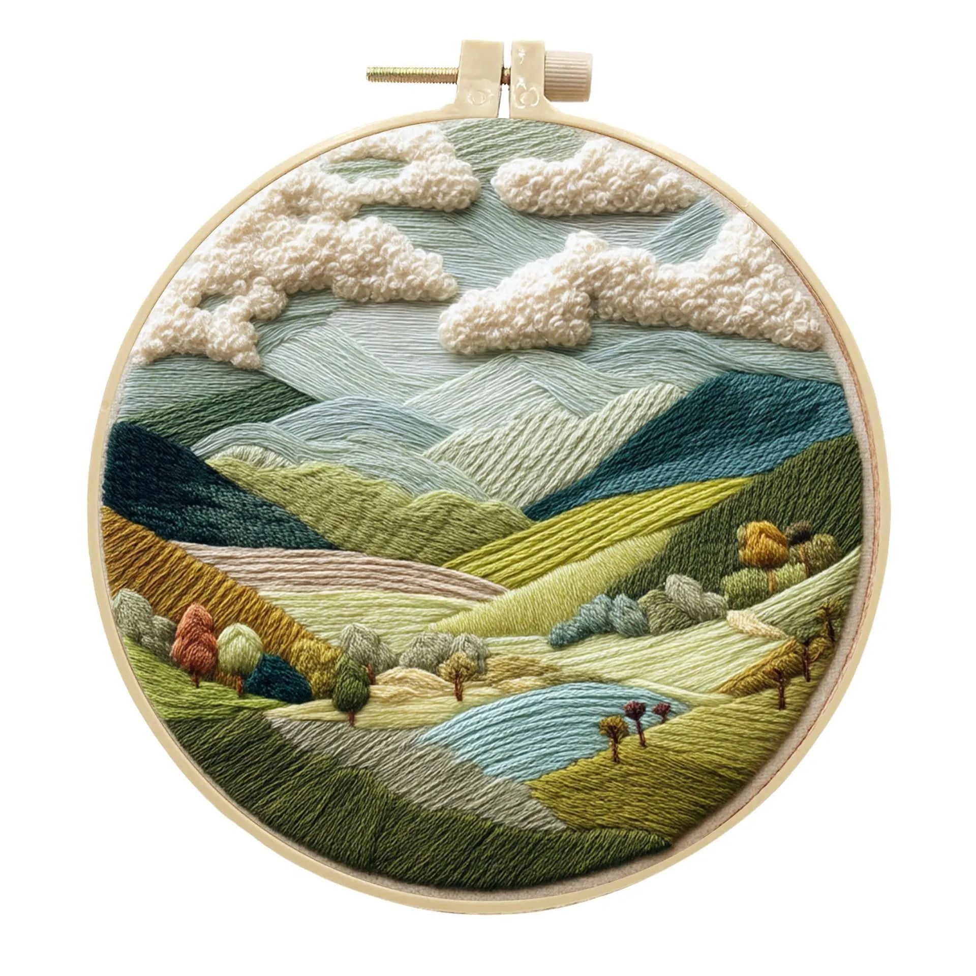Embroidery kit with cotton fabric, bamboo frame, threads, and printed landscape design for DIY textile art