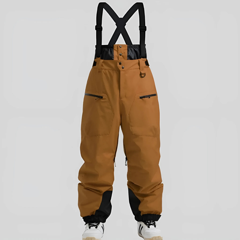Men's black linen waterproof ski trousers with a thickened strap, laid flat.