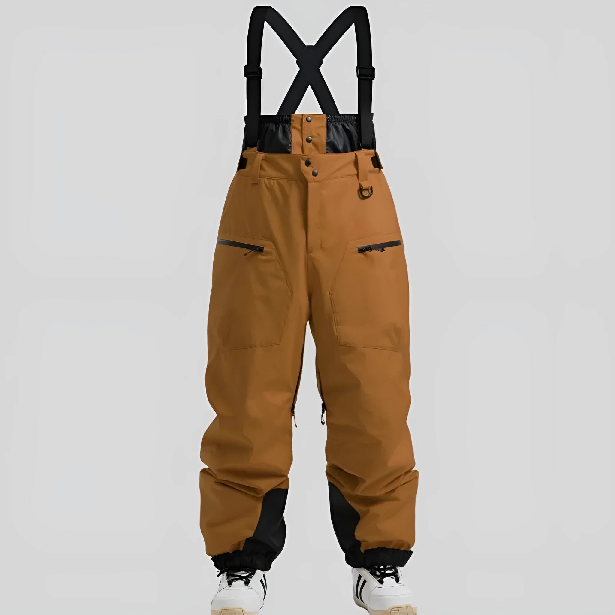 Men's black linen waterproof ski trousers with a thickened strap, laid flat.