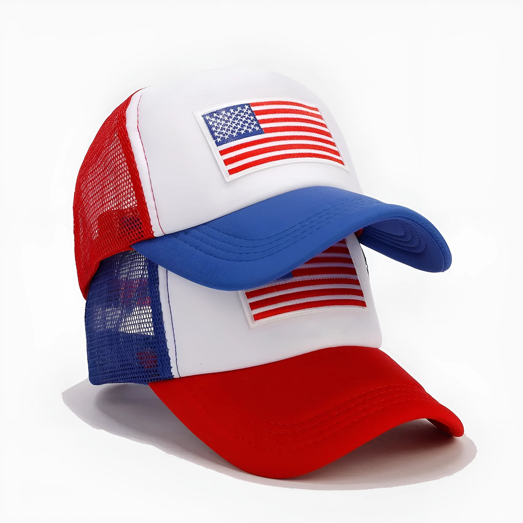 Red and blue contrast mesh baseball cap with an adjustable strap and dome crown.