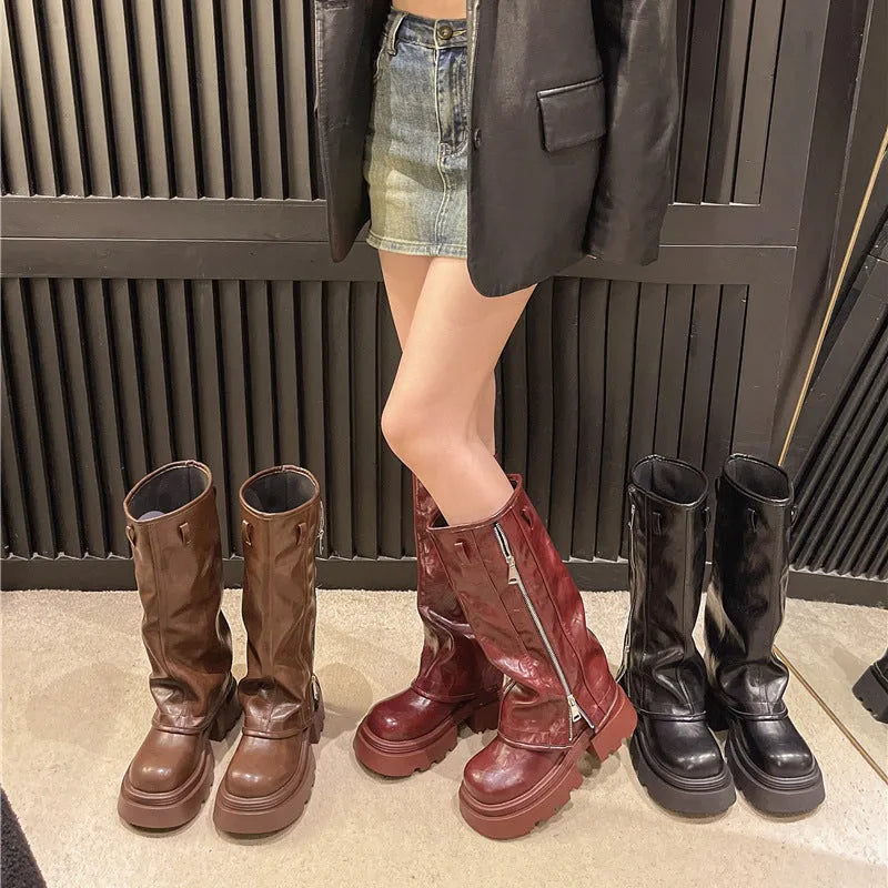 Platform Muffin Pants Martin Boots in black, brown or wine red with lace-up design and rubber sole