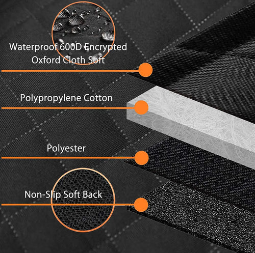 Black waterproof pet car seat cover with orange edge trim and mesh ventilation window laid on a rear car seat