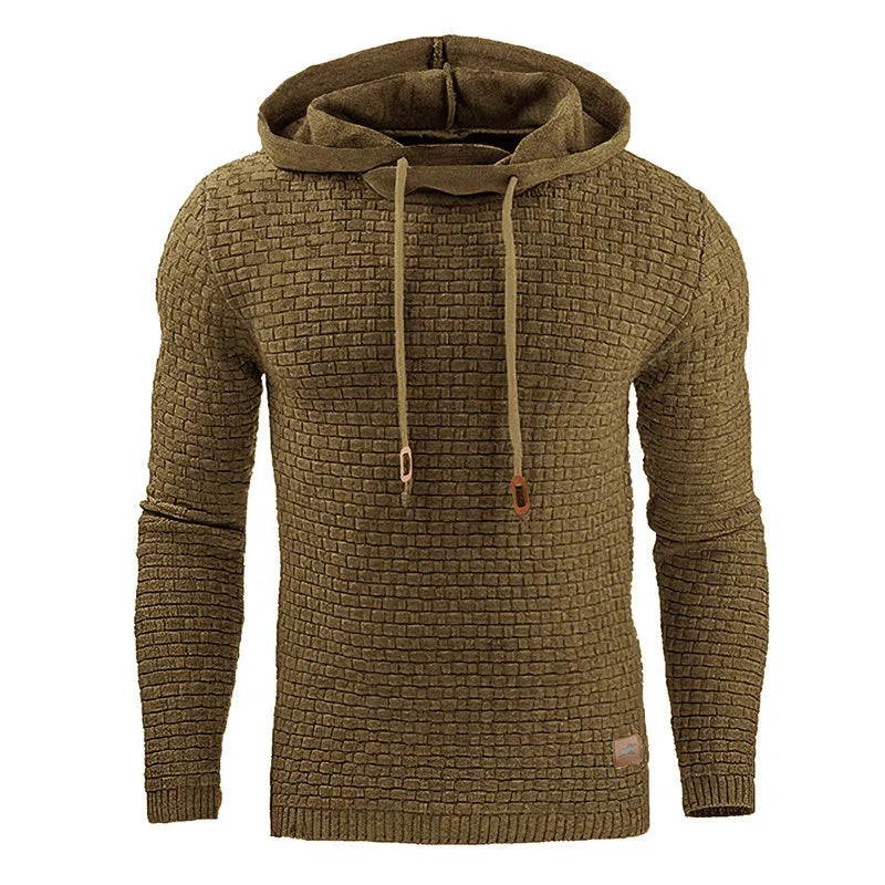 Men's black cotton-polyester blend hooded sweatshirt laid flat, showing front design and hood.