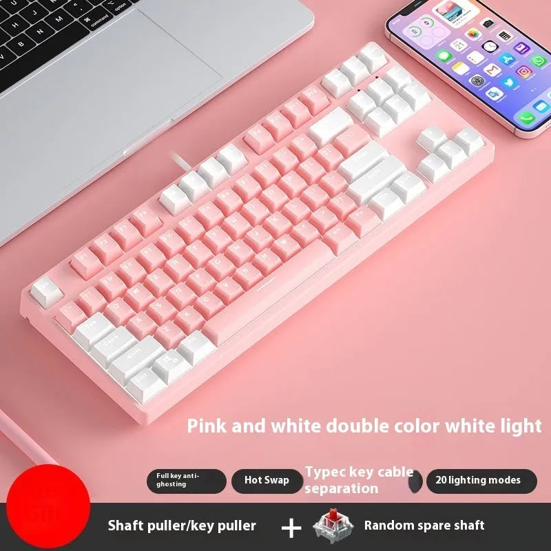 87-key wired mechanical keyboard with hot-swappable sockets showing colour options and included accessories
