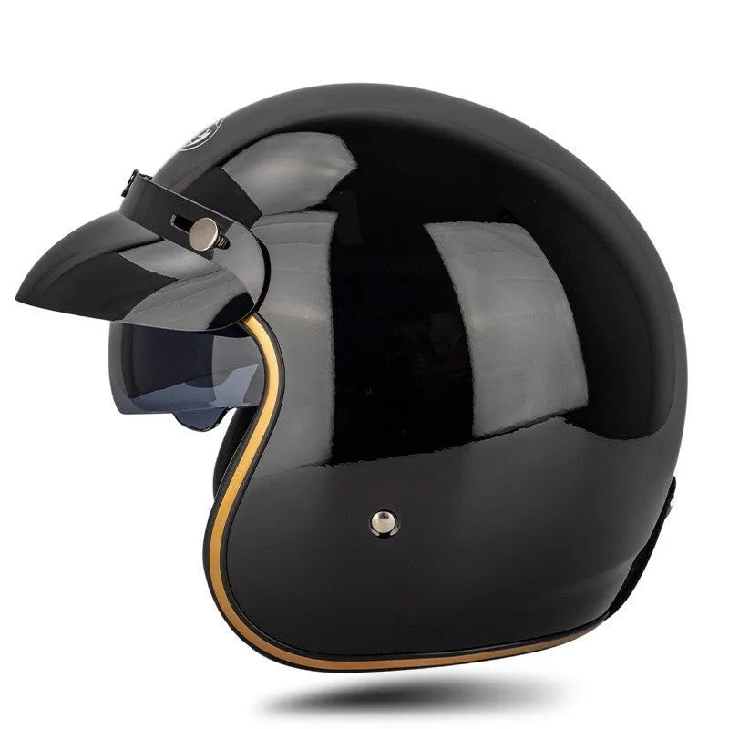 Retro electric bike half helmet in ABS plastic showing colour options including black, grey, orange and yellow designs