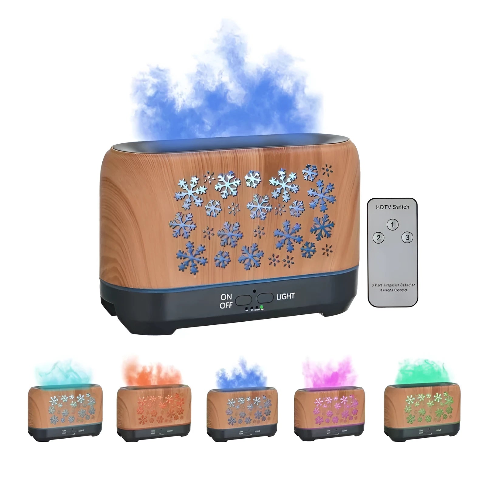 Colourful snowflake wood grain aromatherapy humidifier with flame effect lighting on a desktop