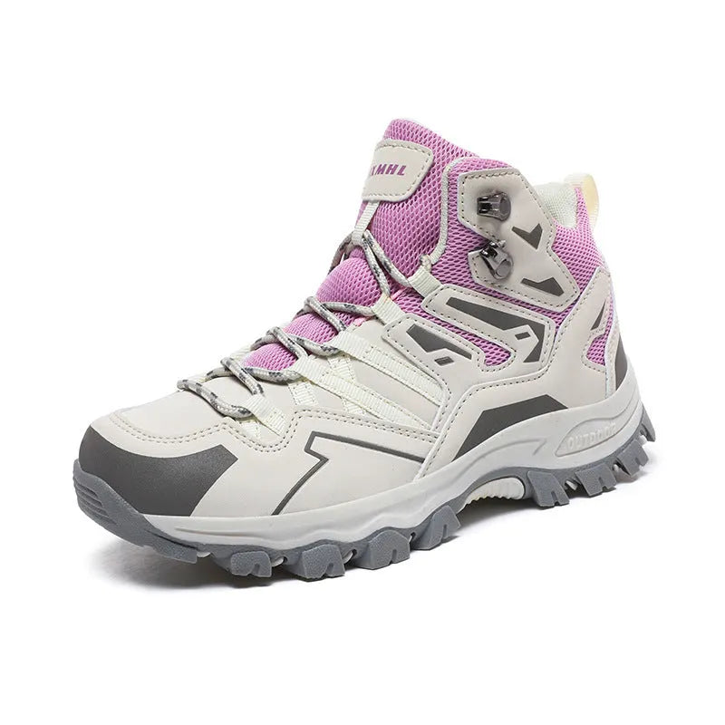 High-top hiking shoes with flannel upper and rubber soles in various colours for outdoor walking