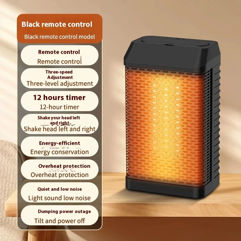 Black smart portable electric heater with remote control on a desktop.