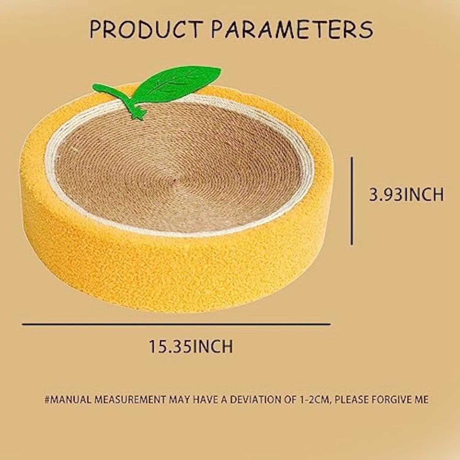Yellow fruit-shaped sisal cat scratching board with concave centre for sleeping