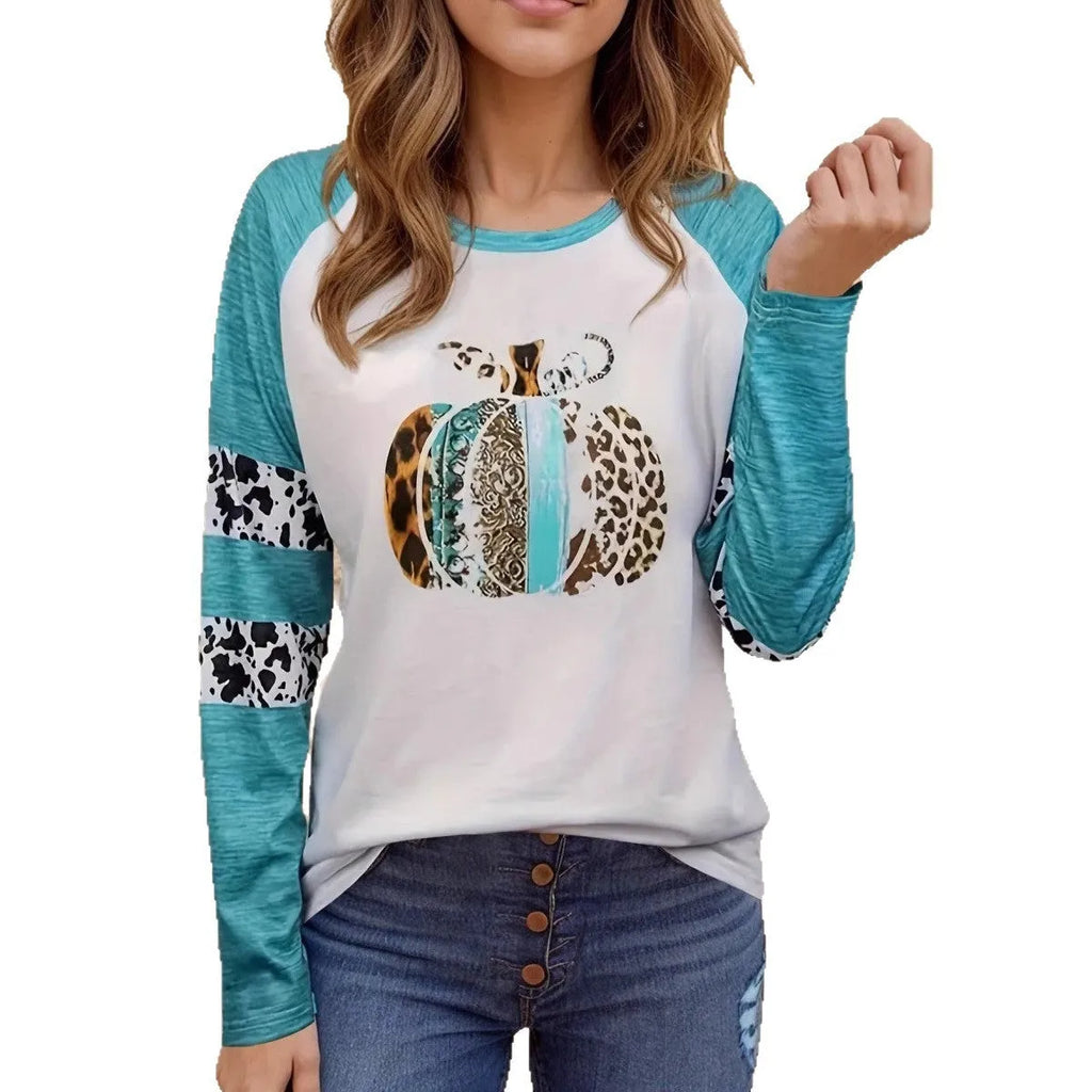Sky blue Halloween T-shirt with white 3D printed pumpkin design in regular fit pullover style