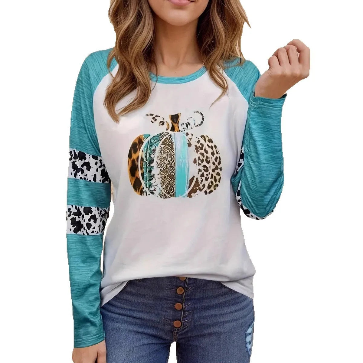 Sky blue Halloween T-shirt with white 3D printed pumpkin design in regular fit pullover style