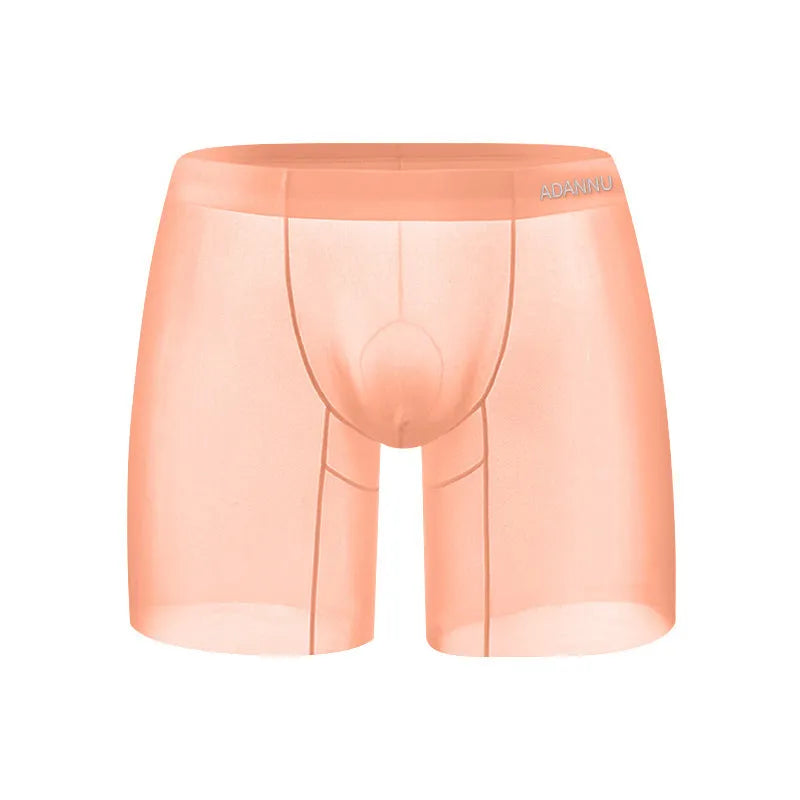 Men's ice silk boxer shorts in orange, pink and red colours with low waist design