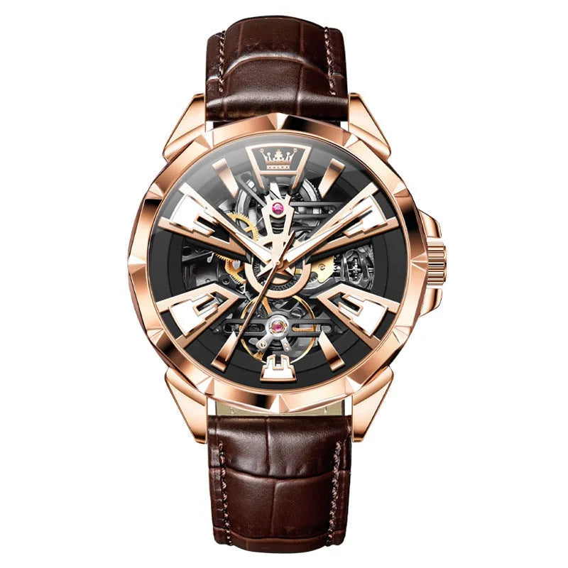 Men's automatic mechanical watch with 44mm barrel dial and transparent case back showing movement