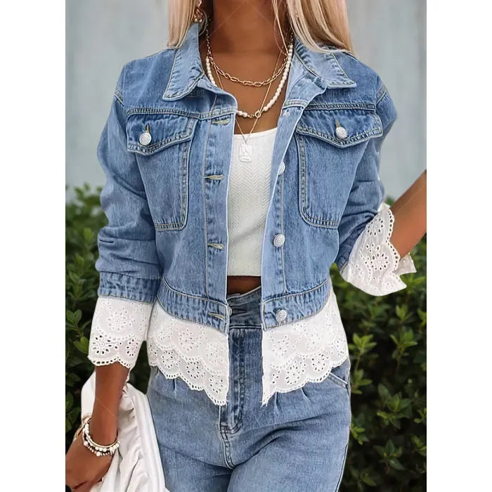 Blue women's denim jacket with lace stitching detail on the front.