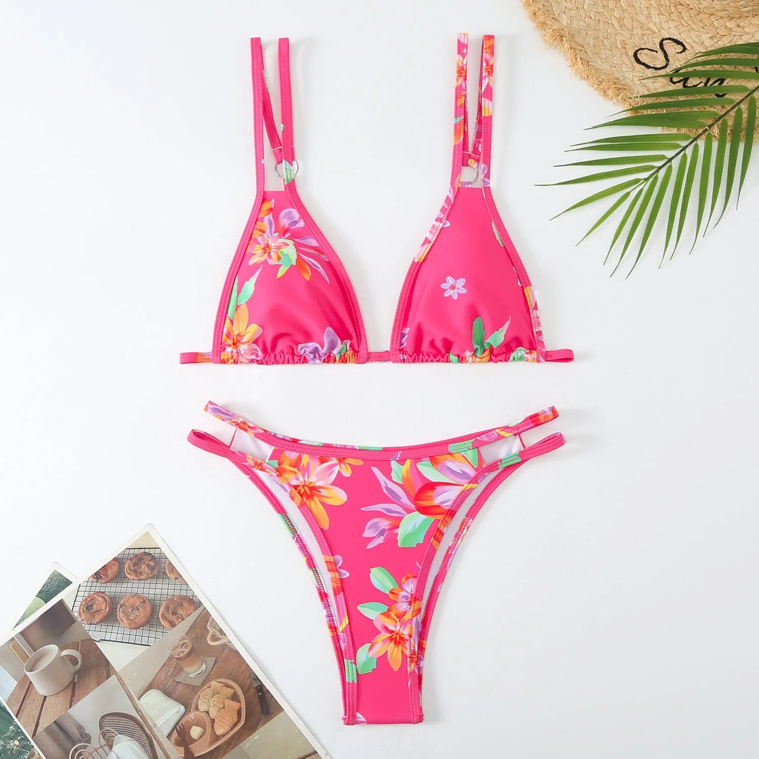 Women's floral printed halter bikini set with backless design in blue, white, or rose red polyester fiber swimwear