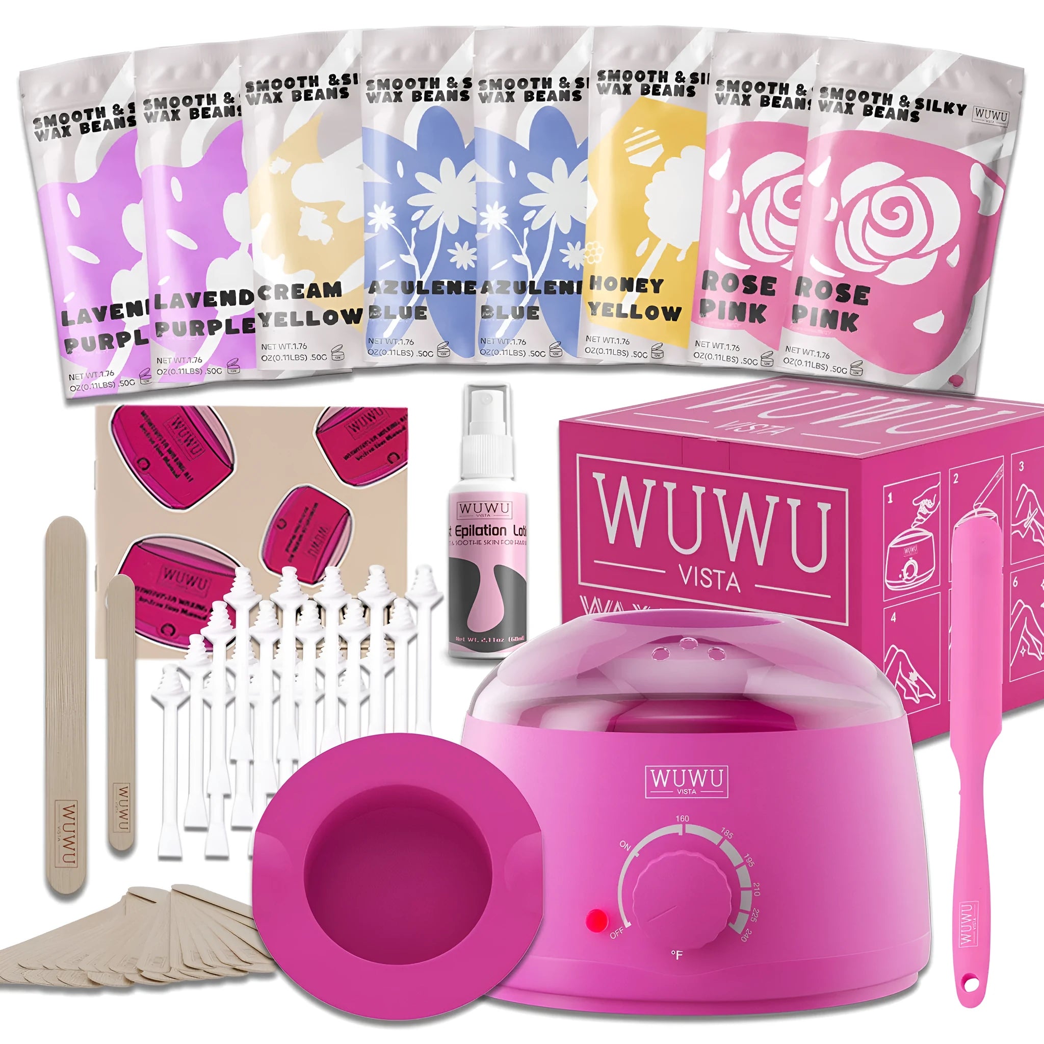 WUWUVISTA 63-piece hard wax hair removal kit with pink wax warmer, wax beans, and silicone tools