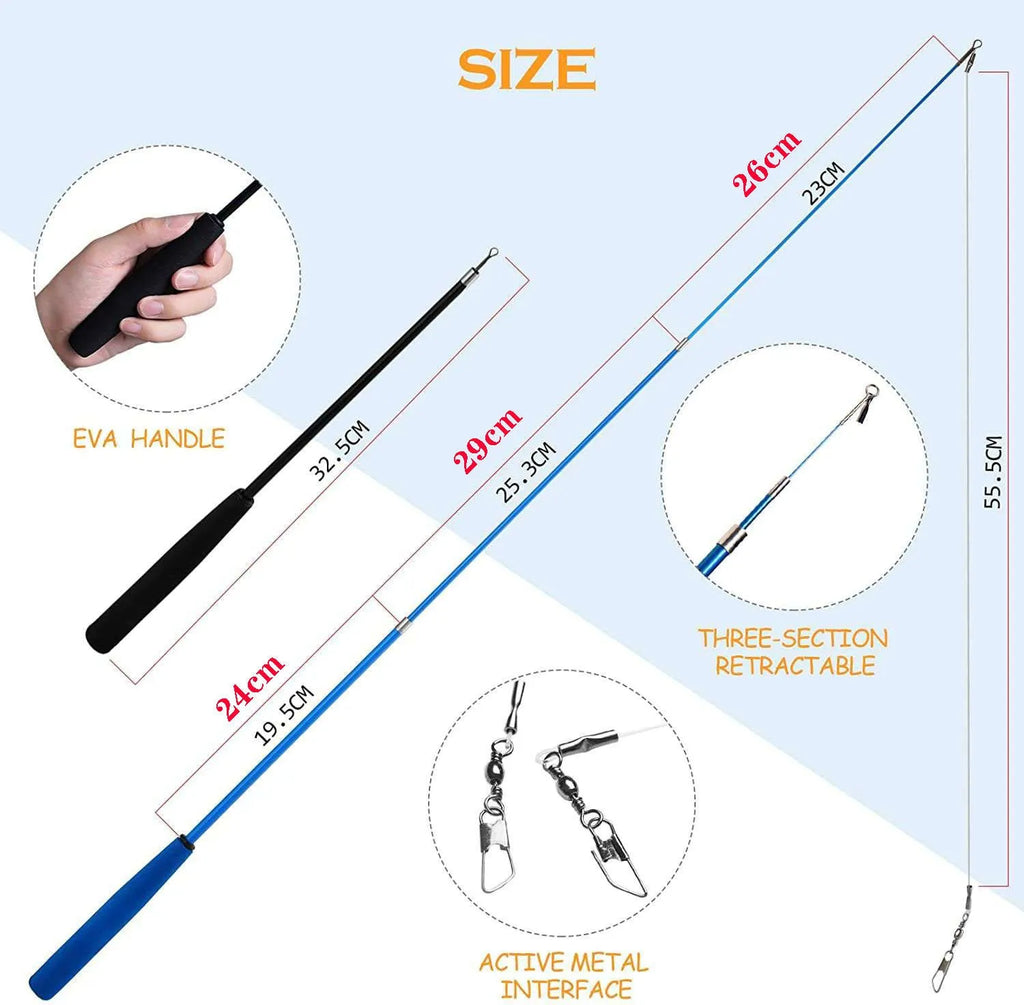Extendable cat fishing rod toy with feather heads, showing two poles and multiple attachments