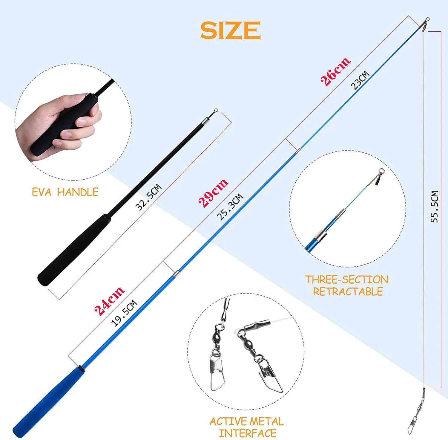 Extendable cat fishing rod toy with feather heads, showing two poles and multiple attachments