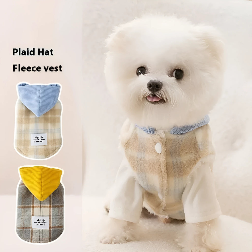 Blue corduroy pet hoodie vest with chessboard grid pattern and traction detailing on hood