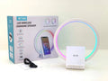 White smart Bluetooth speaker with wireless charging pad and ambience light, dimensions 225mm x 200mm