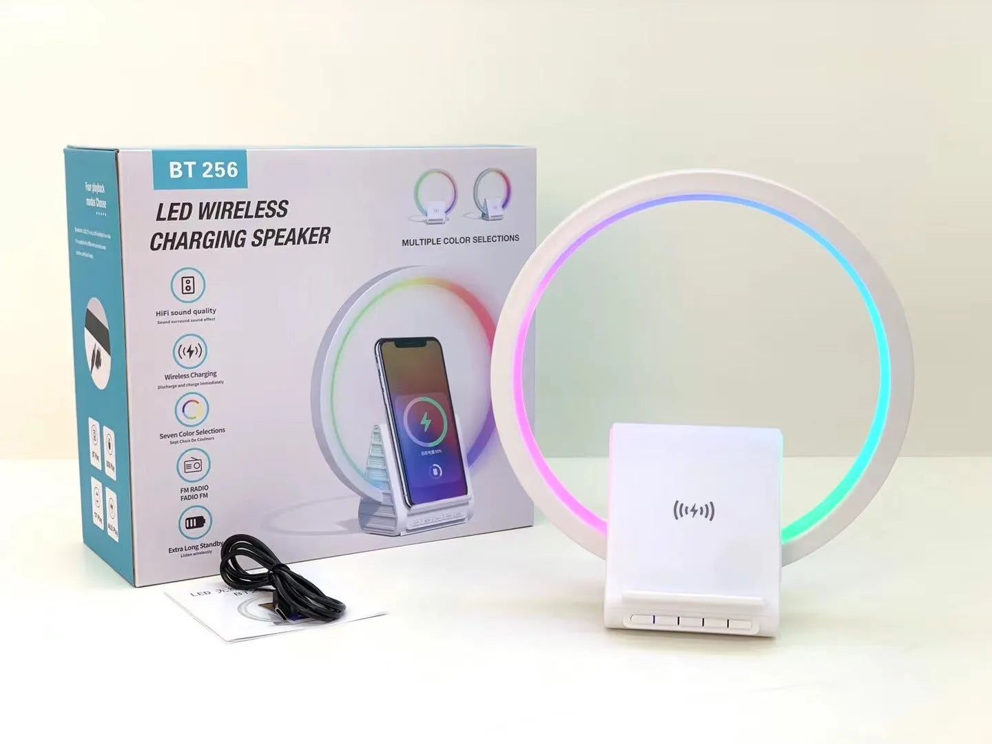 White smart Bluetooth speaker with wireless charging pad and ambience light, dimensions 225mm x 200mm
