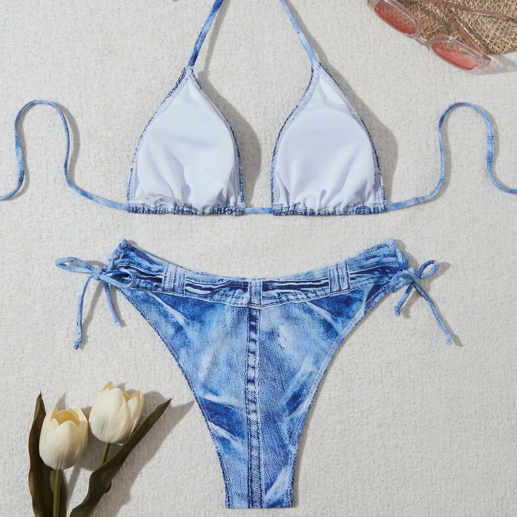 Women's denim blue printed bikini set with strap design showing front and back views