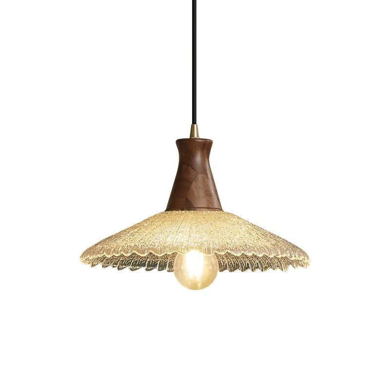 Wood and brass electroplated chandelier with glass shade in three sizes for commercial lighting
