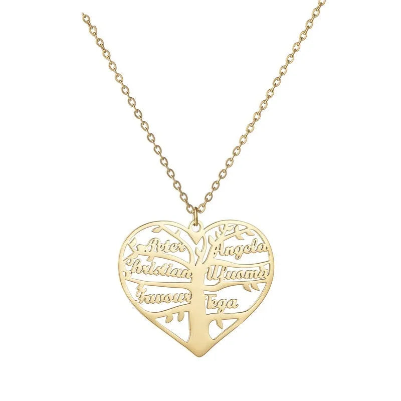 Personalised stainless steel necklace with engraved names on a heart and tree pendant in silver, gold, or rose gold.