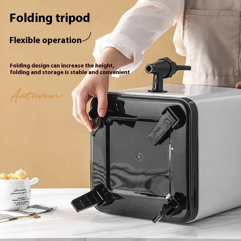 Silver stainless steel milk tea bucket with square-lock lid showing 8 litre capacity for commercial beverage storage