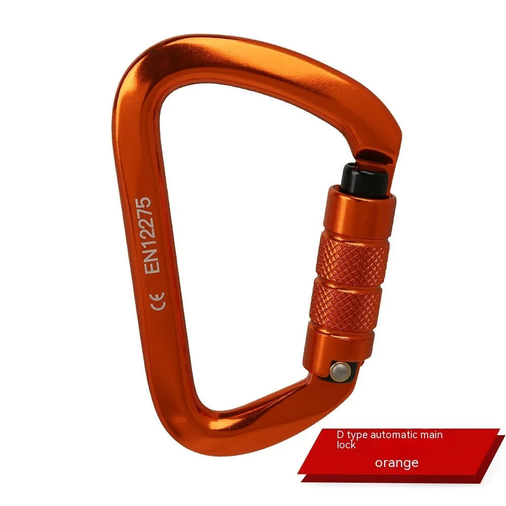 D-shaped rock climbing carabiner main lock with choice of threaded or automatic gate closure, shown in multiple colours.