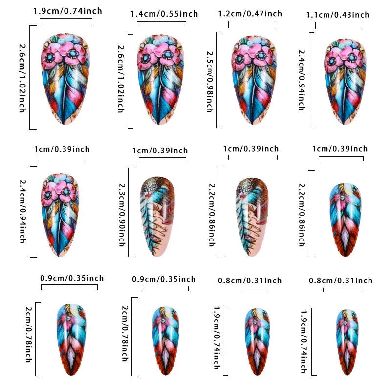 Retro style colourful feather armour nail art set with plastic cartoon, flower, and love heart decorations.