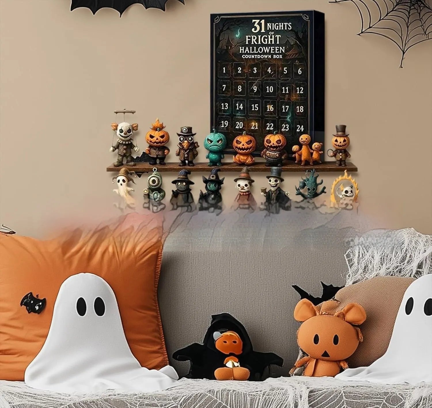 Halloween countdown advent calendar blind box with window displaying resin doll collectibles inside.