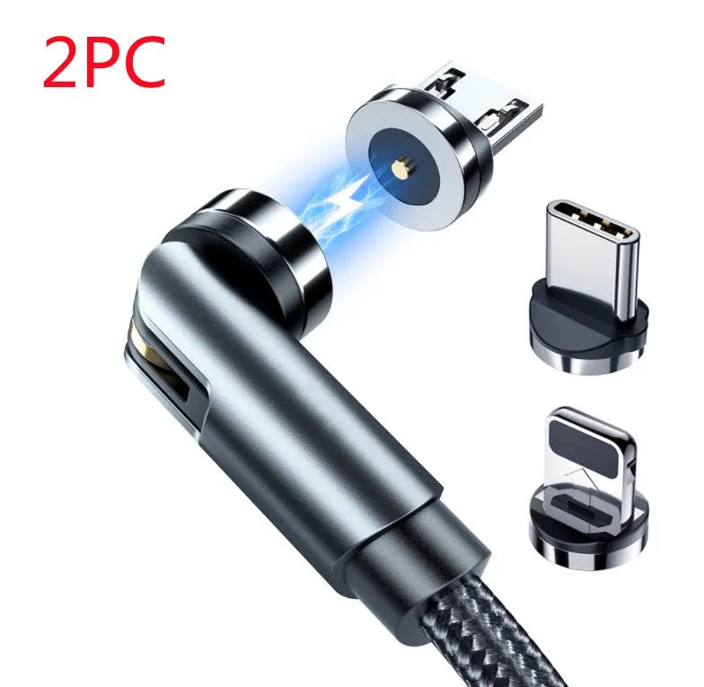 Essager rotating magnetic USB charging cable with LED light in black, shown with Android and Type-C magnetic tips.