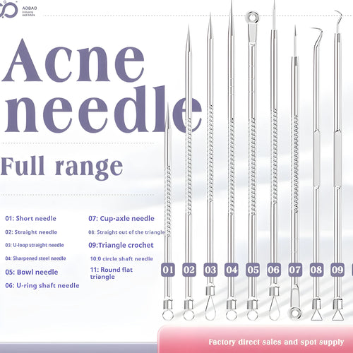 Four-piece metal acne needle set with ultra-fine pointed tips for blackhead removal